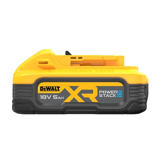 DEWALT XR Powerstack 18V 5Ah lithium-ion battery, yellow and black, side view.