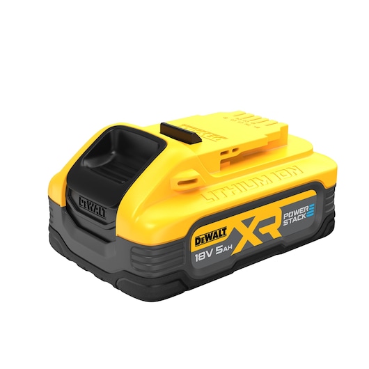 DEWALT 18V 5Ah XR PowerStack lithium-ion battery pack, yellow and black, for power tools.