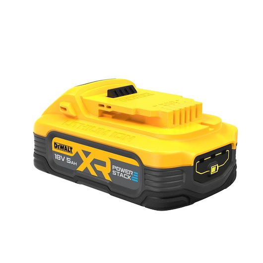 DEWALT XR POWERSTACK 18V 5Ah lithium-ion battery in yellow and black with connector visible.