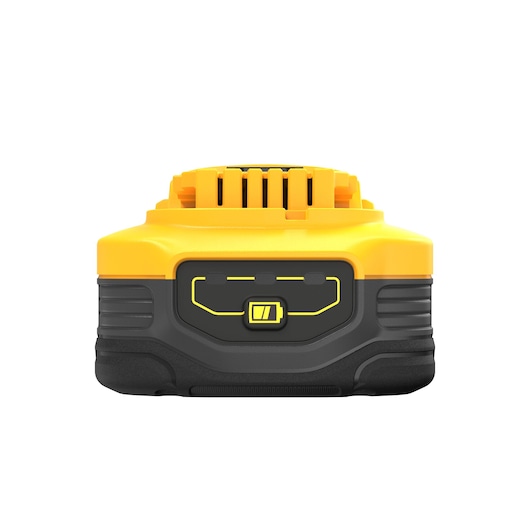 Front view of a DEWALT DCBP518 power tool battery with yellow and black casing.