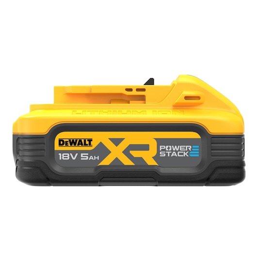 DEWALT XR PowerStack 18V 5Ah lithium ion battery, yellow and black, for power tools.