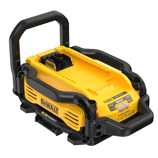DEWALT DCBPSC0550 portable yellow and black power station with handle and battery slot.