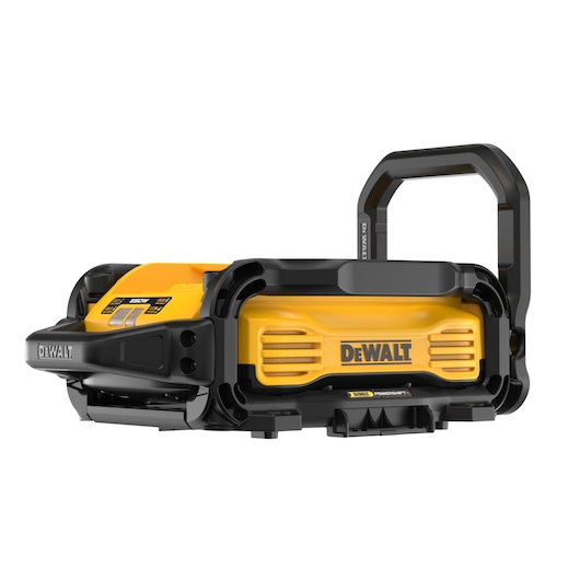 DEWALT yellow and black portable device with handle, shown angled from side. Robust, industrial design.