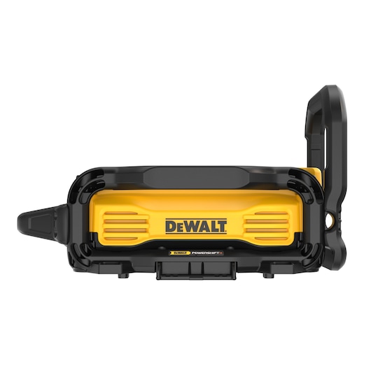 Yellow and black DEWALT camera accessory seen from the front with a handle on the right side.