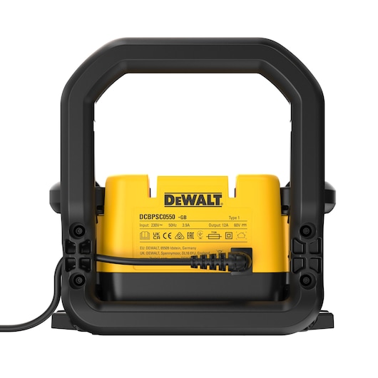 Rear view of a DEWALT DCBPSC0550 battery charger with a yellow label and power cable connected.