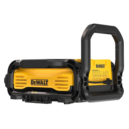 DEWALT DCBPSC0550 portable power station with handle, in yellow and black, shown against a white background.