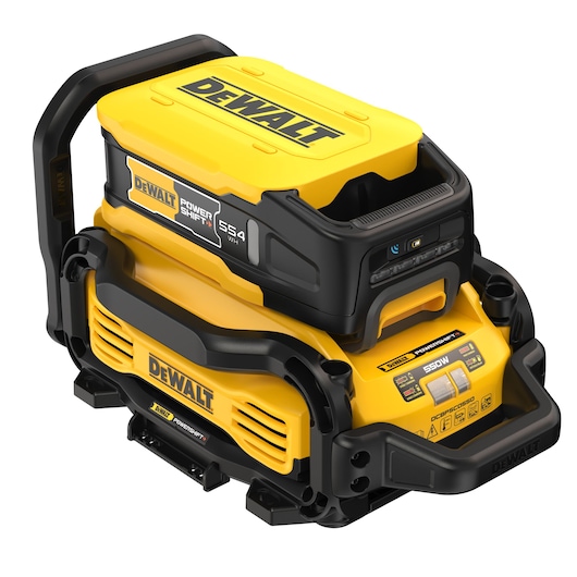 DEWALT yellow and black portable battery charger with PowerShift 554Wh label and 550W output.