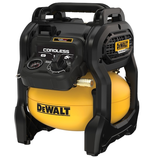DEWALT cordless air compressor with yellow tank and black housing, pressure gauge and brand logo visible.