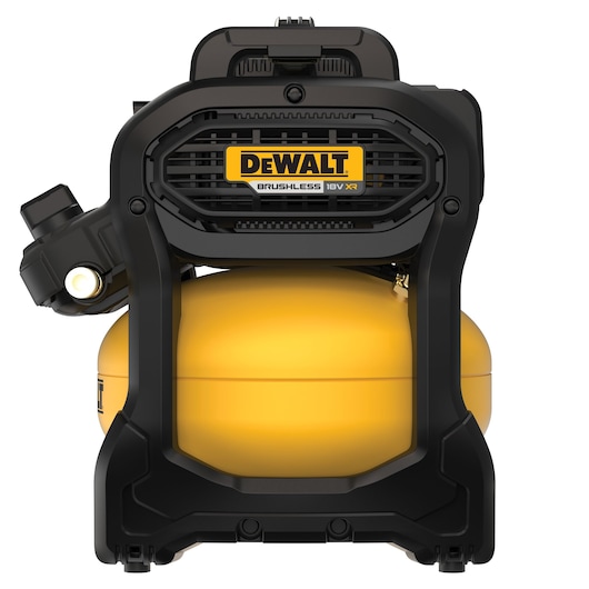 DEWALT 18V XR brushless air compressor with yellow tank and black frame, front view on white background.