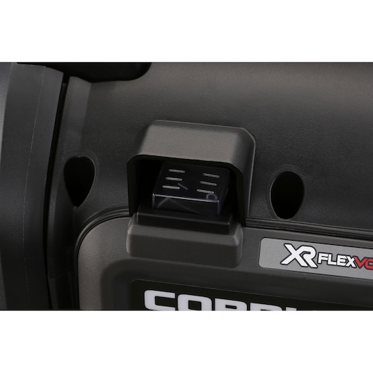 Close-up view of the battery slot on a DEWALT XR FLEXVOLT power tool case, showing the battery compartment and part of the branding label.