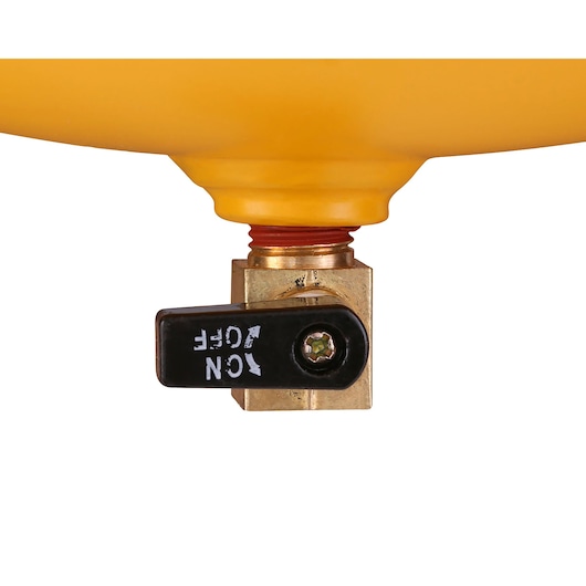 Close-up of a DEWALT valve switch attached to a yellow tank, showing ON and OFF positions.