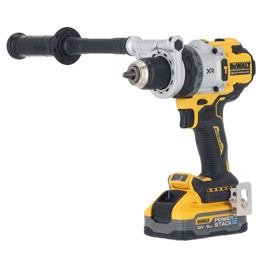 DEWALT 18V cordless drill with brushless motor and side handle, PowerStack battery attached.