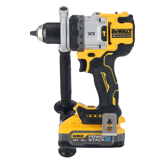 DEWALT 18V brushless cordless drill with side handle and PowerStack battery, shown upright.
