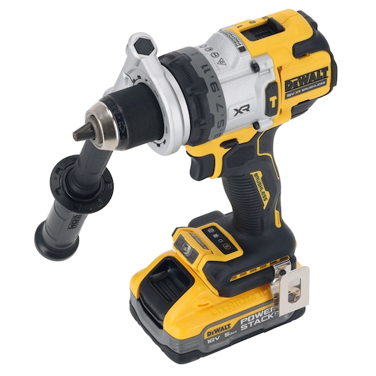 DEWALT 18V cordless drill with PowerStack battery and side handle, yellow and black, brushless motor.