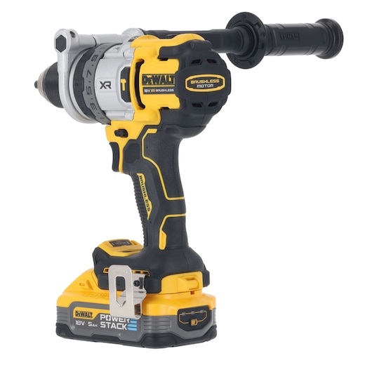 DEWALT cordless drill with brushless motor and handle, 18V Power Stack battery, black and yellow design.