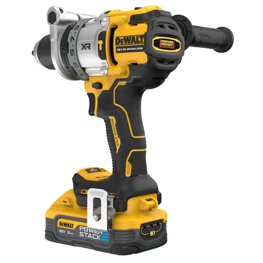 DEWALT 18V XR brushless cordless drill with Powerstack battery, side handle, and yellow-black design.