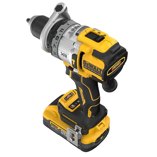Cordless DEWALT drill with black and yellow design, XR branding and adjustable torque settings.