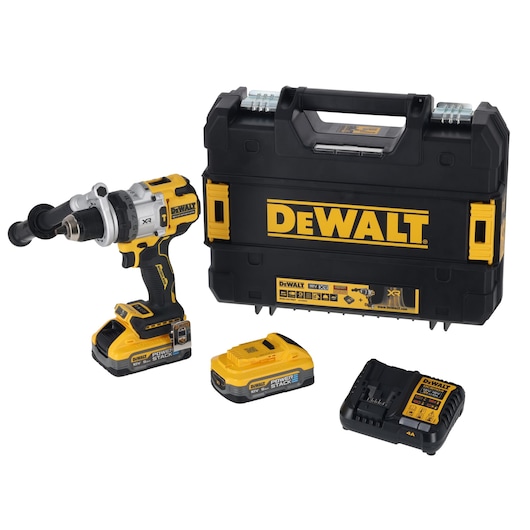 DEWALT cordless drill kit with two batteries, charger, and carrying case, all in black and yellow.