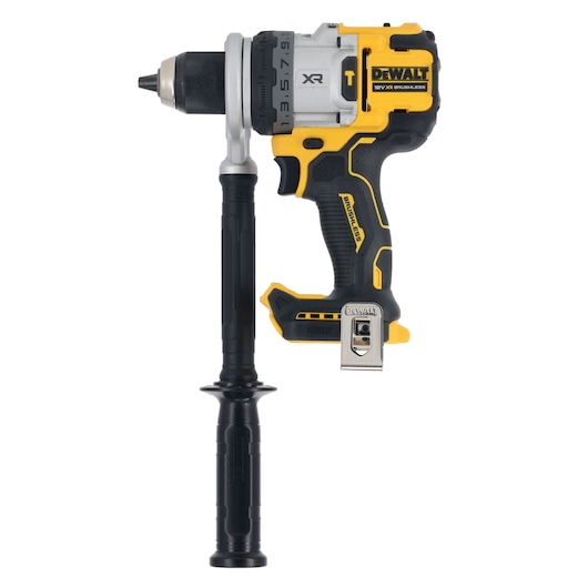 DEWALT drill with side handle, SKUs DCD1007NT, DCZ607X2-XE. Photography product image.