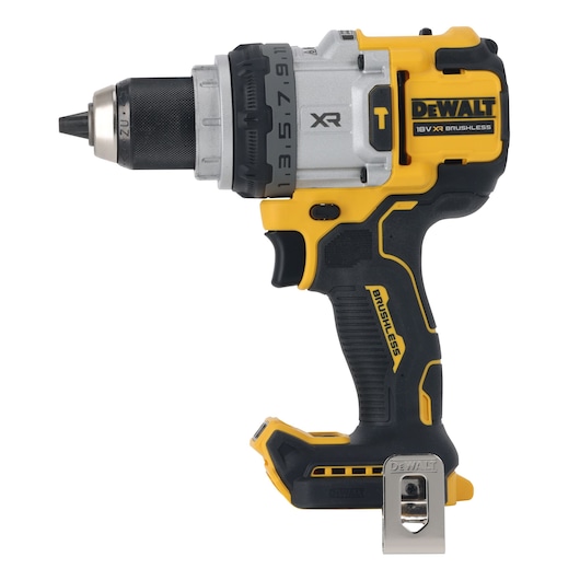 DEWALT drill, photography product, SKUs DCD1007NT, DCZ607X2-XE. Yellow and black design, side view.