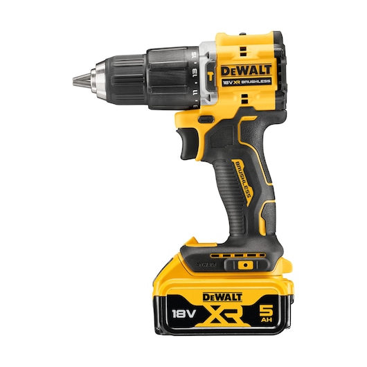 DEWALT 18V XR cordless drill with brushless motor and 5Ah battery, yellow and black color.