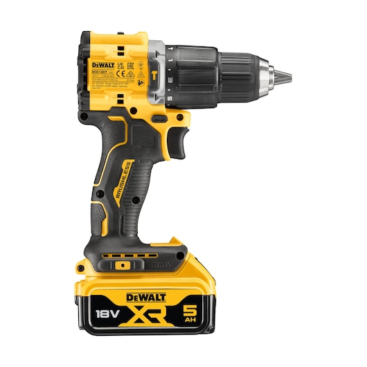 DEWALT DCD100YP2T cordless drill with 18V XR 5Ah battery, yellow and black, brushless motor.