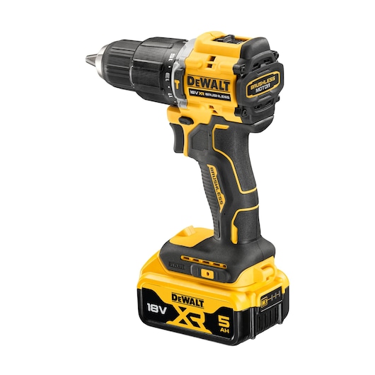 DEWALT 18V XR brushless cordless drill with 5Ah battery, black and yellow design, side view.