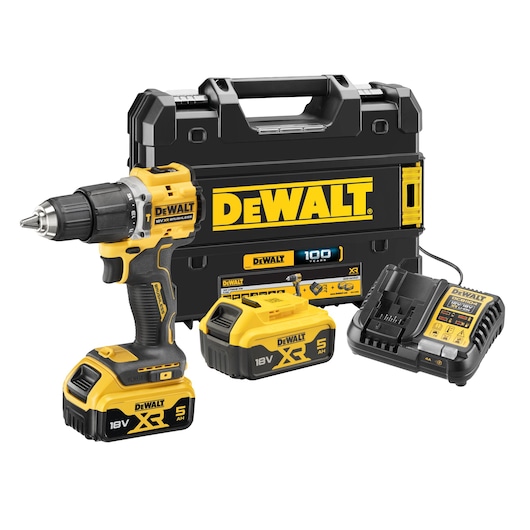 DEWALT cordless drill set with batteries, charger and carrying case, all shown together on a white background.