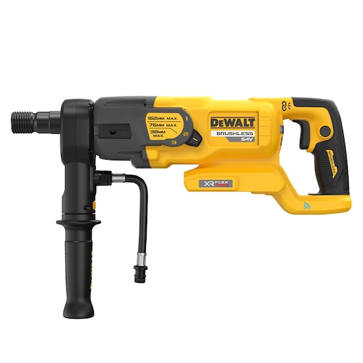 DEWALT DCD150NK 54V cordless drill with side handle, yellow and black, shown from the side.