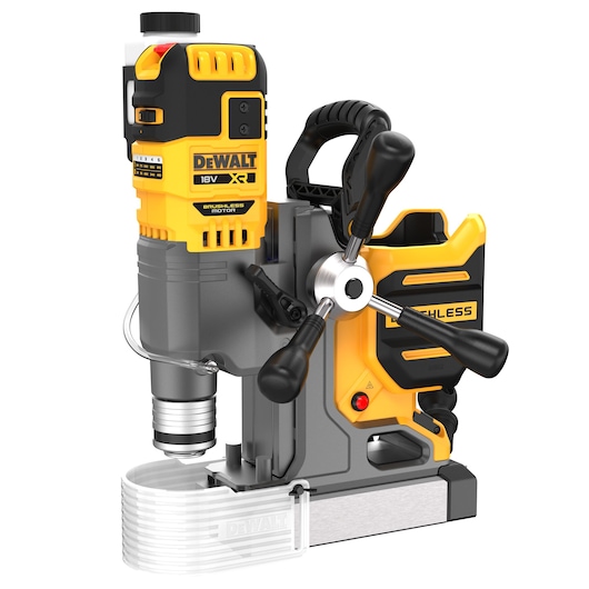 DEWALT 18V cordless magnetic drill with brushless motor, yellow and black, shown on a white background.