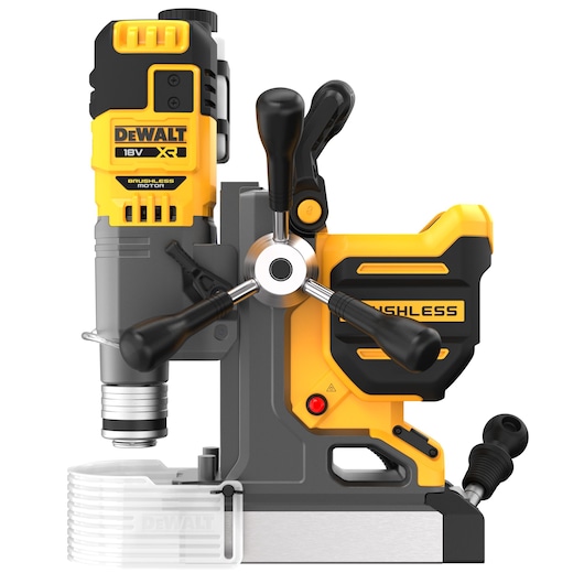 DEWALT DCD1623N brushless magnetic drill, yellow and black, three handle knobs, side view.