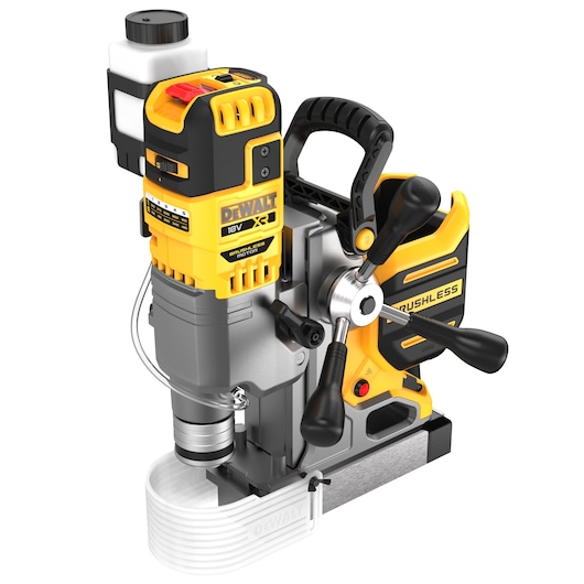 DEWALT DCD1623N 18V brushless magnetic drill with handle and buttons, shown on a white background.