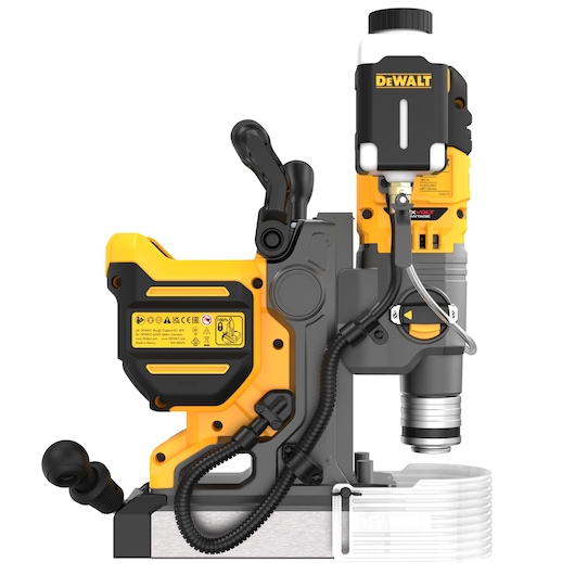 DEWALT DCD1623N yellow and black cordless magnetic drill press shown from the side.