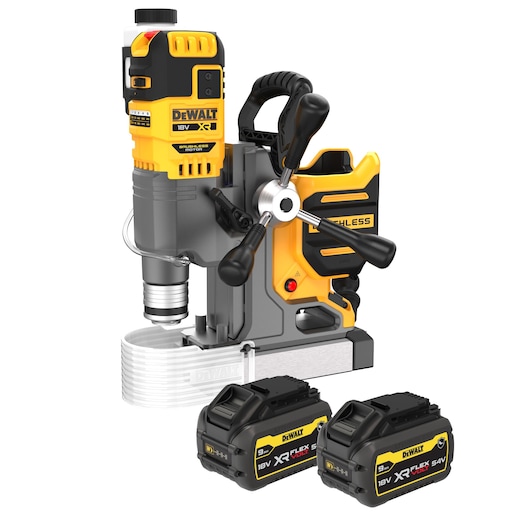 DEWALT cordless magnetic drill with two 18V XR FLEXVOLT batteries, shown in yellow and black.