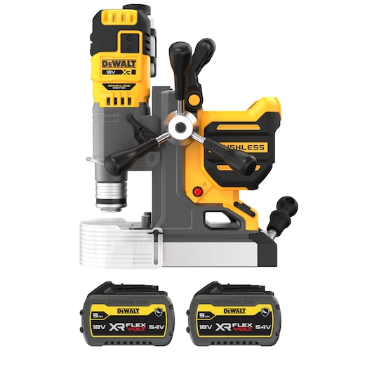 DEWALT cordless magnetic drill with two XR FLEXVOLT batteries, 18V/54V, yellow and black design.