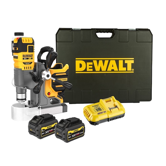DEWALT magnetic drill kit with carry case, two batteries, and charger.