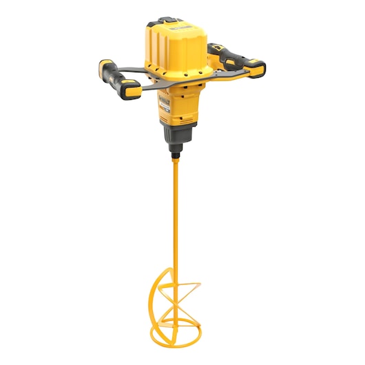 Yellow dual-handle DEWALT paddle mixer for construction, shown upright with mixing attachment.