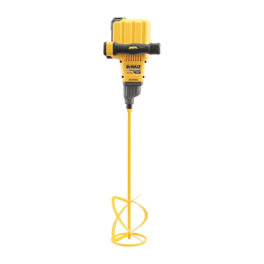 DEWALT cordless mixer with yellow handle and mixing paddle, shown on a white background.