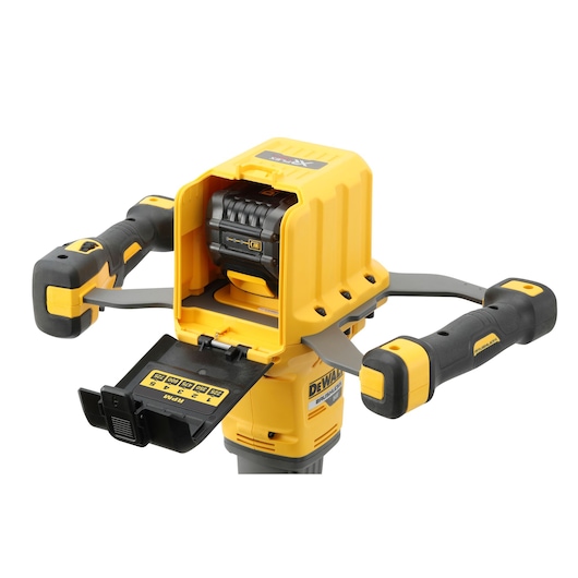 DEWALT DCD240X2 mixer tool with dual handles and opened battery compartment, shown close-up.