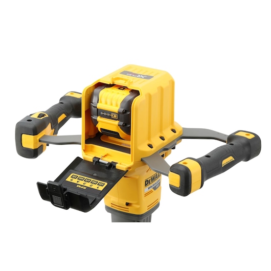 DEWALT DCD240X2 cordless tool with three handles and an open battery compartment, yellow and black design.