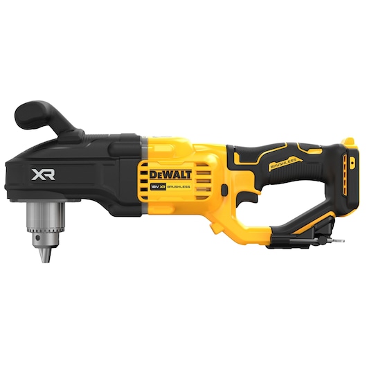 A DEWALT DCD444N 18V XR Brushless right angle drill with a yellow and black body, shown in side profile on a white background.