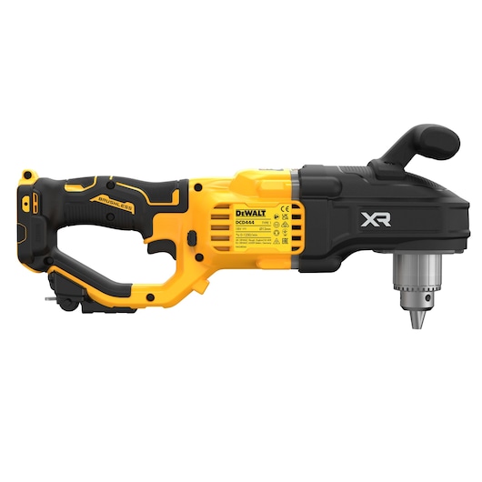 DEWALT DCD444N cordless right angle drill in yellow and black, featuring a brushless motor and XR branding, designed for professional construction or woodworking applications.