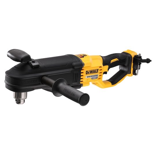 DEWALT DCD470N cordless brushless right angle drill with side handle, yellow and black color.