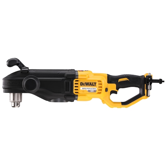 DEWALT DCD470N yellow cordless brushless right angle drill for heavy-duty tasks, shown side view.