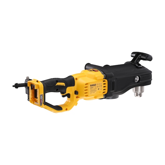 A DEWALT DCD470N power tool, featuring a yellow and black cordless right angle drill with a side handle and metal chuck.
