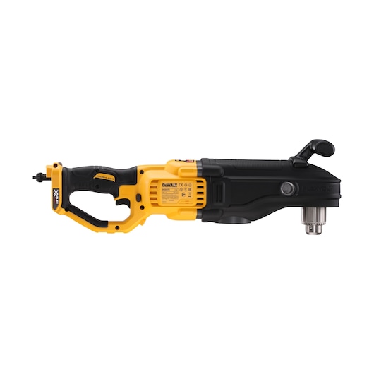 DEWALT DCD470N cordless right angle drill in yellow and black, shown in a side profile against a white background.