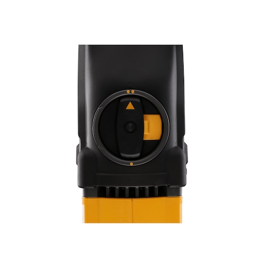 Close-up of DEWALT DCD470N power tool gear selector in black and yellow.