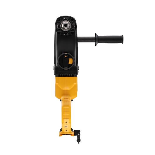 Front view of a DEWALT DCD470N yellow and black power drill with side handle against white background.