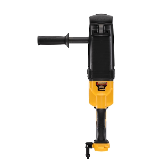 DEWALT DCD470N yellow and black cordless right-angle drill viewed from front.