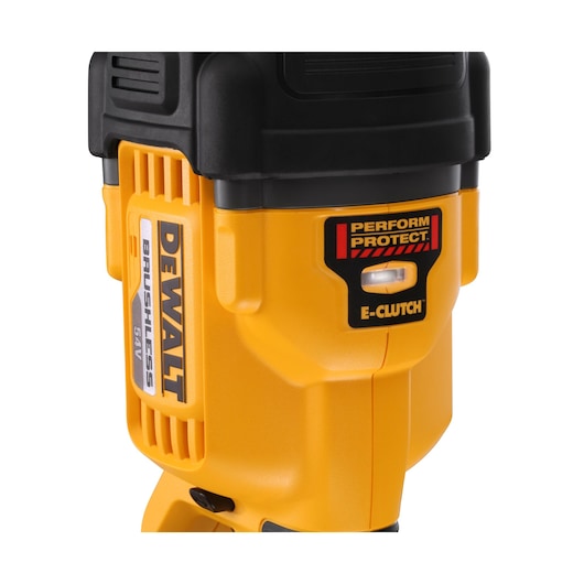 Close-up of a DEWALT brushless 54V power tool with Perform Protect and E-Clutch labels visible.